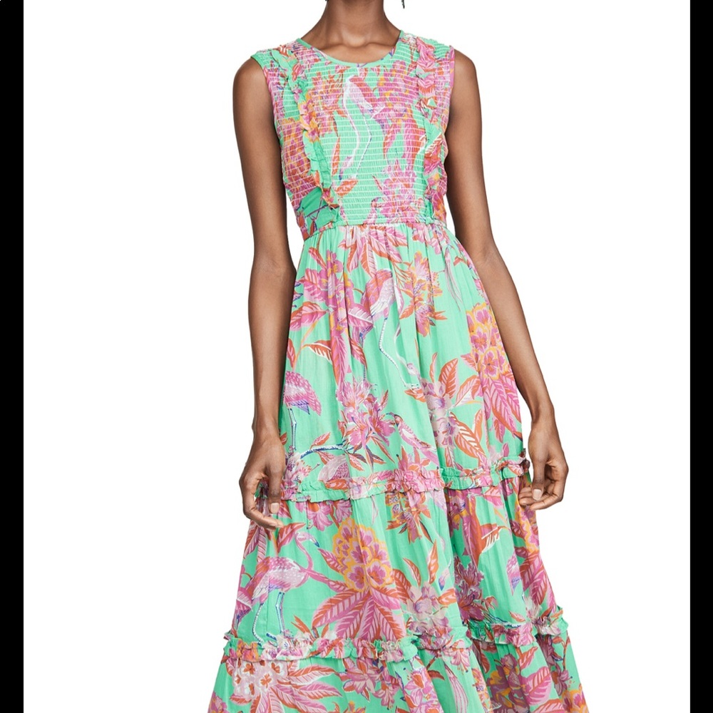 Banjanan Isha Flowy Midi Dress in Flamingo Rhododendron Green. Size XS